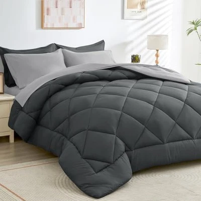 Comforter Set - 5-Piece All Season Bed in a Bag Ultra Twin Dark & Light Grey