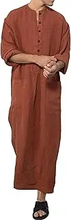 [FEOYA] Men's Kaftan Long Sleeve Button Up V-Neck Linen Robes with Pockets Long Gown Casual Shirt for Beach Summer