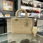 二手正品 CHRISTIAN DIOR LADY DIOR 中款卡其色布面金釦黛妃包 手提包斜背包 (XC1046