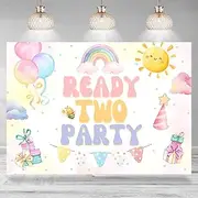 [Rsuuinu] 2nd Birthday Backdrop Ready Two Party Sun Rainbow Balloon Photography Background Girls Second Birthday Party Decoration Supplies Cake Table Banner Photo Booth Studio Props 7x5ft