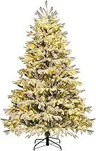 Costway 1.8M Artificial Flocked Christmas Tree with 1022 PE PVC Branch Tips & a Pair of Gloves & 350 Warm White LED Lights, Pre-Lit Hinged Xmas Decor Tree for Home, Office & Carnival, Easy Setup