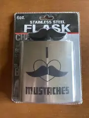 Brand New Spencer's Gifts I Love Mustaches 6oz. Stainless Steel Flask A5-9