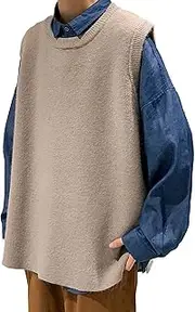 [JEShifangjiusu] Men's Round Neck Vest Sweater Wool Blended Sleeveless Cardigan Jackets Relaxed Fit Knitted Pullover