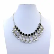 Faceted Onyx ,Pearl & Clear Quartz Sterling Silver Necklace Adjustable Jewelry