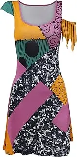 [Flaminet] Womens Sally Dress Women Halloween Cosplay Sally Costume Short Sleeve Dresses Costume, Sally Patchwork 2, Medium