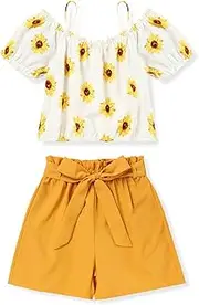 [Hipea] Girls Summer 2-piece Suit Bohemian Floral Print Short-Sleeved Sets Cute Outfits For Girls