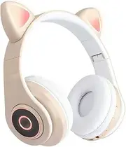 xinyee B39 Cute Cat Ear Headset Wireless BT5.0 Foldable Gaming Headphone with Flash RGB Lights Earphone TF Card Play/Wired Mode Khaki