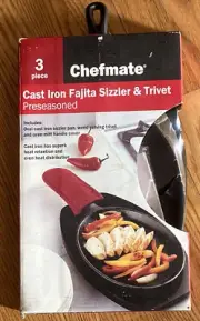 Chef mate Cast Iron Fajita Sizzler And Trivet Preseasoned W/ Oven Mitt New!