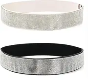 [gingokuo] Fashion Shiny Elastic PU Belt for Women Dress Rhinestone Crystal Stretch Waist Belt Wide Waist Band