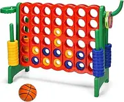 Costzon Giant 4-in-A-Row, Jumbo 4-to-Score Giant Game w/Basketball Hoop, Ring Toss, Quick-Release Slider, 42 Jumbo Rings, Indoor Outdoor Family Connect Game for Kids & Adults, Backyard Games