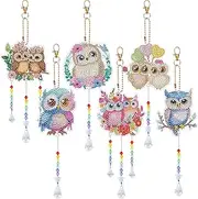 Sitsink Diamond Painting Wind Chimes - 6 Pcs Owl Diamond Painting Kits, Cute Animal Diamond Painting Art Kits, Owl Diamond Painting Suncatchers Crafts Kits, Diamond Painting Art Kits