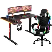 Advwin L Shape 140cm Gaming Desk RGB LED Light & Gaming Chair RGB LED Massage Office Chair Black & White