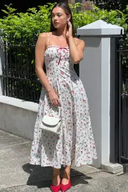 White Floral Maxi Dress Satin Tape Detail - Size 16XL, Women's Maxi Dress