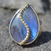 Offerings Sajen Handcrafted 925 Sterling Silver Labradorite Ring w. Vermeil Sz 8