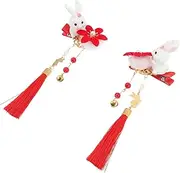 2pcs Bunny Hairpin Ponytail Girl Bunny Bristle Bun Accessories Costume Pins Velvet Fake Hair Ties Hairbrush Buns Mini Dryer Women Pink Hair Clips Barrettes Red Fabric