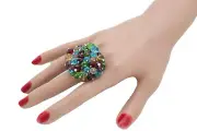 Hot Women Ring Fashion Silver Metal Multicolor Beads Pompom Adjustable Size Band