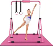 Gymnastic Bars for Kids with Adjustable Height, Folding Gymnastic Training Kip Bar, Junior Expandable Horizontal Monkey Bar for Home (Pink_Mat)