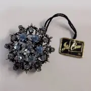 Vintage W/ Tag Coro Gold Tone Blue Rhinestone Crystal Round 3-D Brooch Pin
