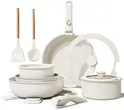 Bazova Ceramic Nonstick Cookware Set, Healthy,Non Toxic,17-Pieces Pots and Pans Set Removable Handles,Induction RV Kitchen Set,Stain & Scratch-resistant,Dishwasher/Oven Safe,PFAS/PFOA Free,Cream White, BZ101