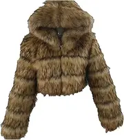 [Qolkmuiy-GJ] Women's Faux Fur Short Hooded Jacket Fluffy Fuzzy Teddy Cropped Coat with Hood Winter Long Sleeve Plush Outwear (Brown 1,6XL), Brown 1, 6X-Large
