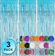 Voircoloria 3 Pack 3.3x8.2 Feet Light Blue Foil Fringe Backdrop Curtains, Tinsel Streamers Birthday Party Decorations, Fringe Backdrop for Graduation, Baby Shower, Gender Reveal, Disco Party