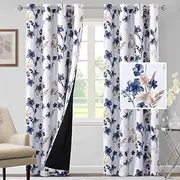 Smarcute 100% Blackout Curtains 213cm Drop 2 Panels Set Cattleya Floral Printed Blockout Light Leah Floral Thermal Curtains for Bedroom with Black Liner Sound Proof Curtains, Navy and Taupe