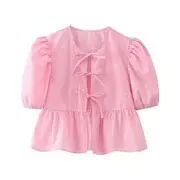 Short-Sleeve Plain Peplum Tie Front Blouse Pink - L