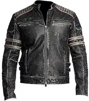 X-ception Men's Cafe Racer Retro Biker Vintage Motorbike Distressed Black Jakcet - Motorcycle Leather Jacket