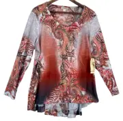 One World Blouse Top Women Sz 1X Multicolor Paisley Pleated Stretch High Low