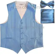 New Men's Tuxedo Vest Waistcoat Stripes Bowtie Hankie set prom party Light Blue