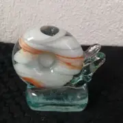 Art Glass Orange & White Snail on Clear Blue Green Pedestal Base Paperweight