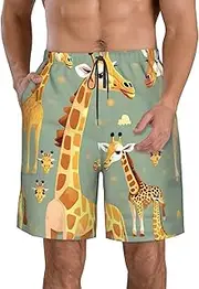 [OdDdot] African Mud Cloth Tribal Print Men's Quick-Dry Swim Trunks,Breathable Swimming Board Shorts, for Summer Surfing Beach Swimwear, Cute Wild Cartoon Giraffes, X-Large