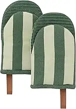 Folkulture Mini Oven Mitts Heat Resistant 5" x8", Set of 2 Short Oven Mitts with Hanging Loop, 100% Cotton Oven Gloves or Kitchen Mittens, Small Oven Mitt Set or Silicone Oven Mits (Matcha)