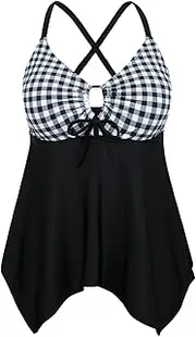 [Firpearl] Women's Black Flowy Swimsuit Crossback Plus Size Tankini Top
