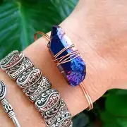Titanium Quartz Crystal Bangle Bracelet, Copper Wire Wrapped Statement Boho