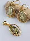 Amber earrings and pendant gold plated jewelry handmade real drop shape.