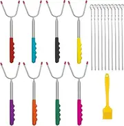 Barbecue Forks,Campfire Sticks,8 Telescopic Roasting Fork with 10 BBQ Skewers and Oil Brush,Extra Long 45-inch Smores Sticks,Marshmallow Roasting Sticks for Fire Pit, Camping, Bonfire and Grill