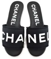 Chanel 24C Black White CHA NEL Letter Logo Mule Slide Block Heel Sandal 39