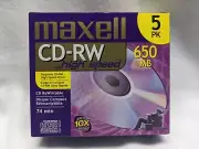 MAXELL CD-RW High Speed 5 Pack New Sealed Pack 650MB 74 Min. ReWritable CD