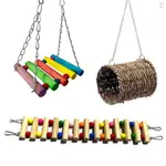 3 件裝鳥鸚鵡玩具鳥木梯寵物鳥籠鞦韆玩具天然草編織巢懸掛玩具適用於小鸚鵡鸚鵡錐金剛鸚鵡鳥籠配件