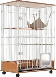 OSJ Cat Cage, Wooden, 2-Tier, Natural, 1 Tier 2 Tier, with Casters, Stylish, Cat House, Multi-Tier, Answering Machine, Protection, Escape Prevention, Multiple Heads, Steel, Pet Cage