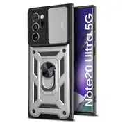 case For Samsung Galaxy Note20 Ultra Slide Camera Lens Protection and Built in 360 Rotatable Ring Holder - Silver