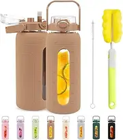 Tronco 64 oz Glass Water Bottles with Straw and Handle Lid,Half Gallon Water Bottle with Silicone Sleeve&Time Marker,Large Reusable Motivational Glass Water Jug Leakproof for Gym/Workout/Travel
