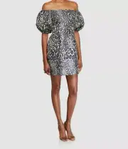 $220 Aidan Mattox Women's Black Off The Shoulder Metallic Leopard Dress Size 8