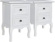 vidaXL White Retro Nightstands - Set of 2 Full-Sized Drawer Bedside Tables with Tapered Legs and Brushed Nickel Knobs, Made of MDF and Brushed Pine