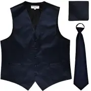 New Men's navy blue formal vest Tuxedo Waistcoat pre-tied neck tie and hankie
