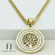 Men's 24" Stainless Steel Tree of Life CZ Pendant,Cuban Chain Gold plated.Box
