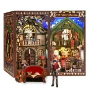 Book Nook Kit, DIY DOUBLE SIDED Whimsical Cat House W/Led Lights & Dust Cover