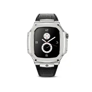 【Golden Concept】Apple Watch 45mm 保護殼 銀色不鏽鋼錶殼/黑色皮革錶帶(ROL45-SL-BK)