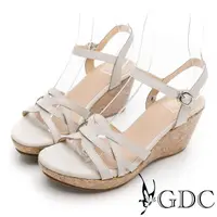 在飛比找momo購物網優惠-【GDC】春夏希臘風真皮編織感繞帶楔型厚底涼鞋-米色(213